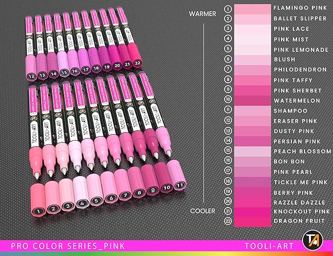 Acrylic Paint Pens 22 Pink Tones Assorted Pro Color Series Markers Set 0.7mm Extra Fine Tip for Rock Painting, Glass, Mugs, Wood, Metal, Canvas, Projects, Non Toxic, Waterbased, Quick Drying