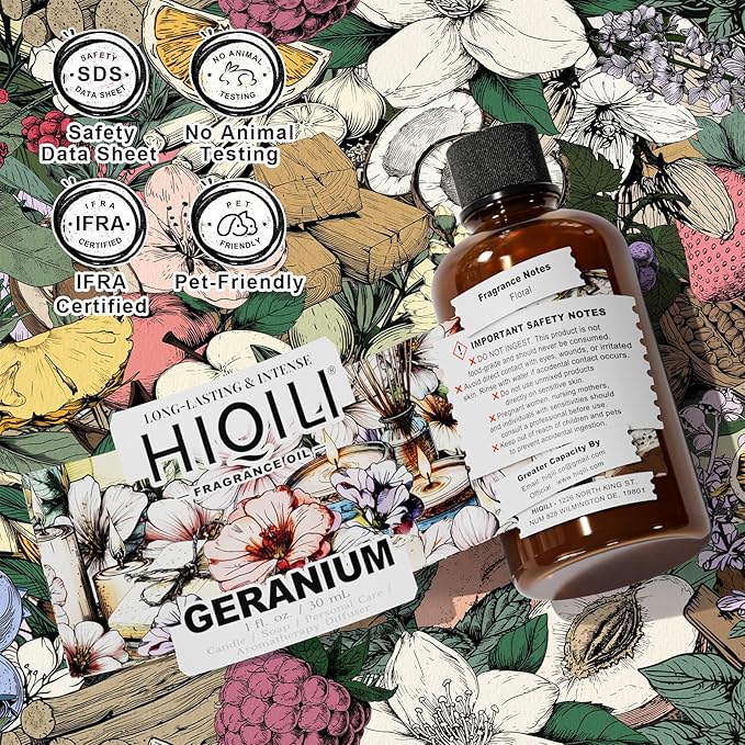 HIQILI Geranium Fragrance Oil for Home Diffuser, Relaxation, Essential Oil for Candle & Soap Making, Long-Lasting Scents, Car Freshies - 1 Fl Oz