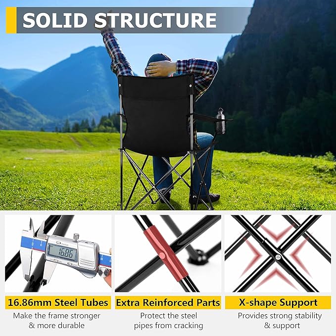 Joyfair Portable Camping Chair, Outdoor Lawn Folding Chairs for Adults, Heavy Duty Large Foldable Chairs for Beach, Fishing, Tailgating and More Outdoor Sport, Carry Bag & Cup Holder