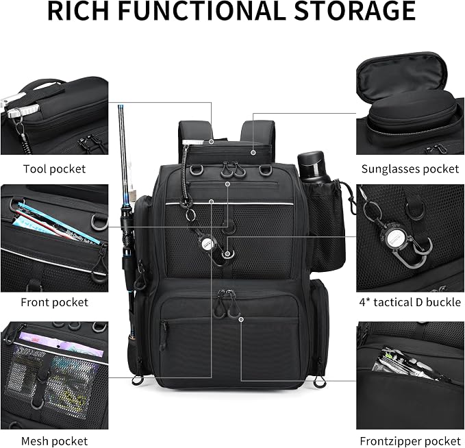 Rabjen Fishing Tackle Backpack with Rod Holders, Bottle Holder, Storage Bag Store Fishing Gear