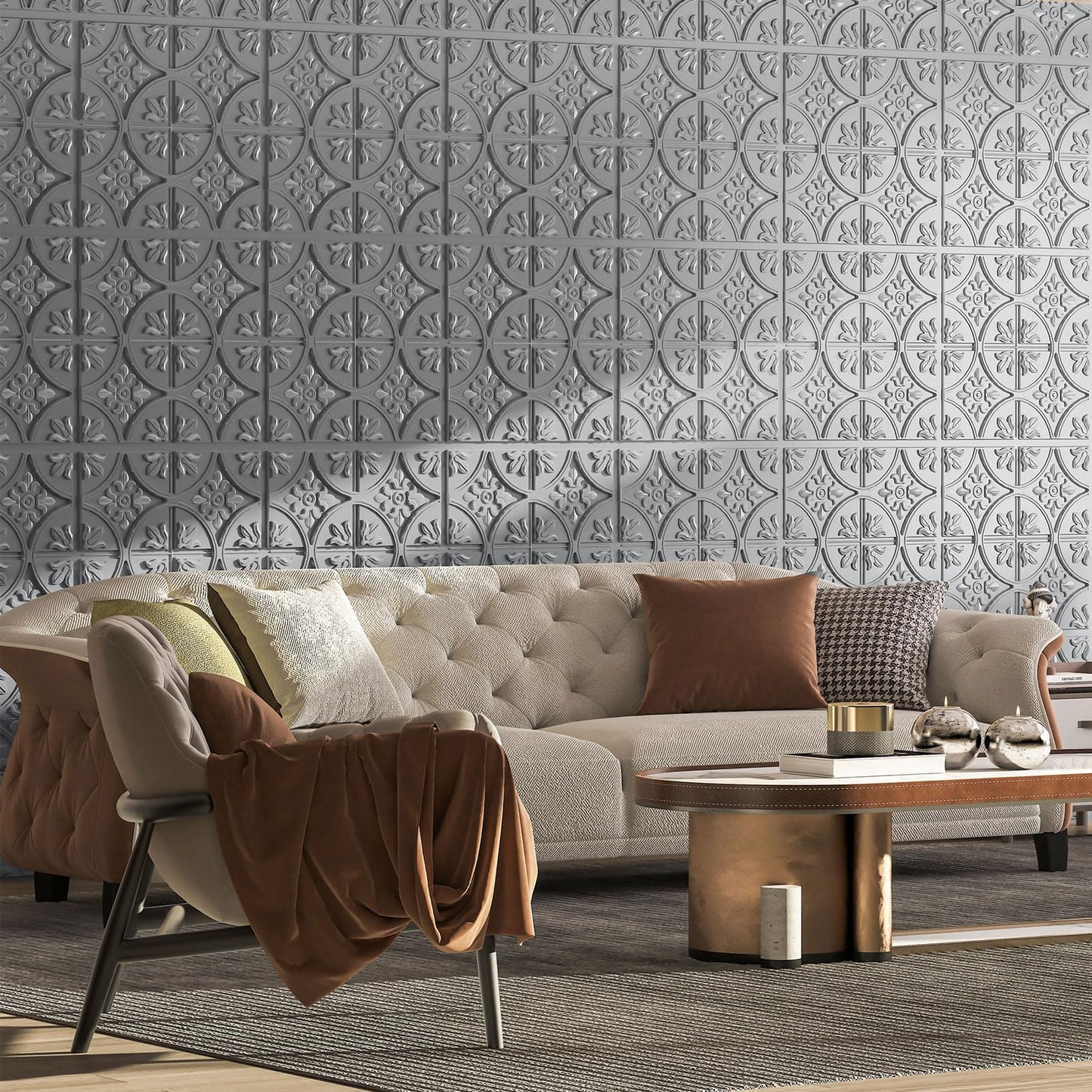 Art3d Drop Ceiling Tiles 2x2, Glue-up Ceiling Panel, Fancy Classic Style, Argent Silver