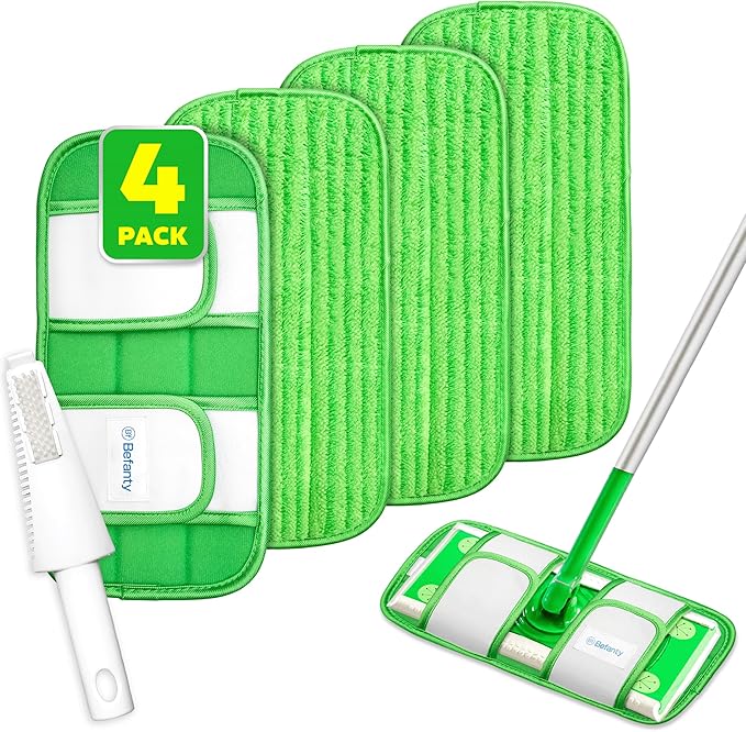 4 Pack Reusable Microfiber Mop Pads, Compatible with Swiffer Sweeper, Machine Washable Cloths, Scraper Included, Refills for All Floor Cleaning, Hook and Loop, Wet Dry - 10"- 12"