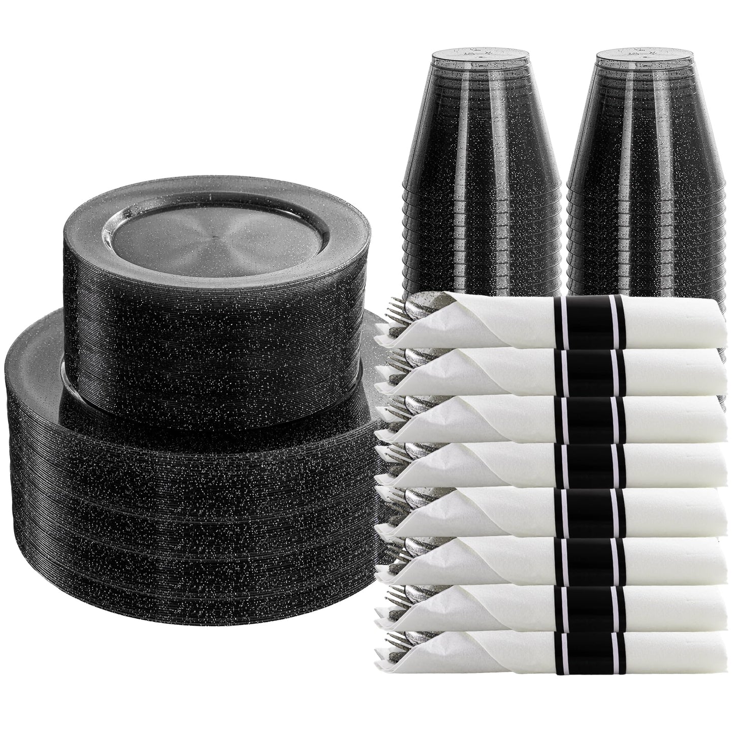 DaYammi 210PCS Black Glitter Plastic Dinnerware Set for 30 Guests, Fancy Disposable Plates for Party, Include: 30 Dinner Plates, 30 Dessert Plates, 30 Pre Rolled Napkins and 30 Cups