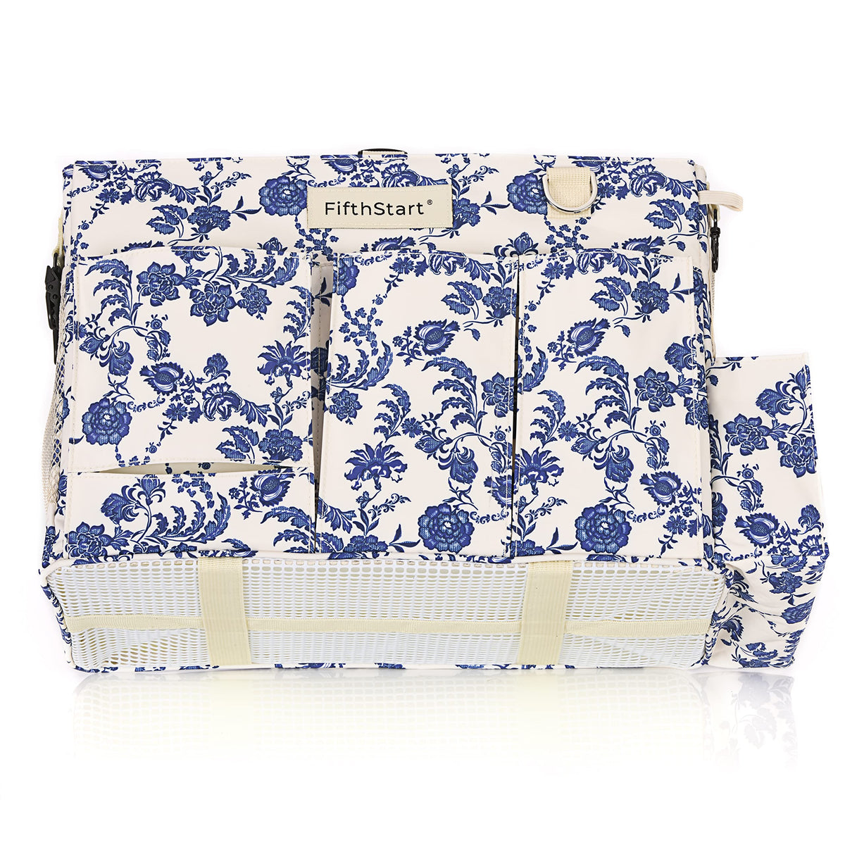 FifthStart Multiuse Large Blue Floral Diaper Caddy with Waist, Shoulder Strap, 9 Pockets, Mesh Base, and Adjustable Compartments