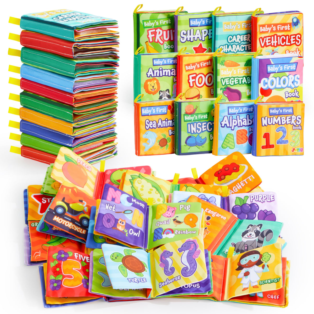 JOYIN 12 Pcs Bath Books, Nontoxic Fabric Soft Crinkly Cloth Books, Waterproof, Bathtub Pool and Early Education First Toys for Infant Newborn Baby Toddlers Kids Birthday Gifts