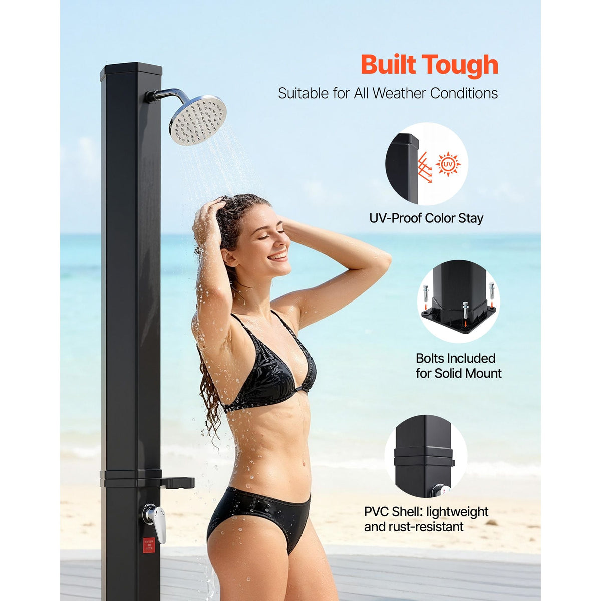 9.2 Gal Solar Heated Shower, 6.4ft Showerhead Height Outdoor Shower, with Foot Faucet & Soap Box Rack, Hot & Cold Water Adjustment, Freestanding for Backyard Poolside Beach Pool,Black