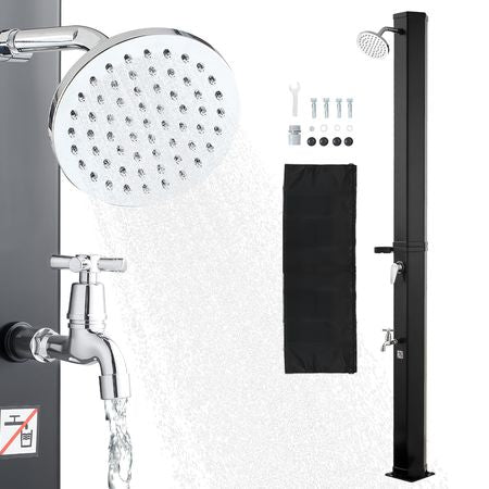 9.2 Gal Solar Heated Shower, 6.4ft Showerhead Height Outdoor Shower, with Foot Faucet & Soap Box Rack, Hot & Cold Water Adjustment, Freestanding for Backyard Poolside Beach Pool,Black