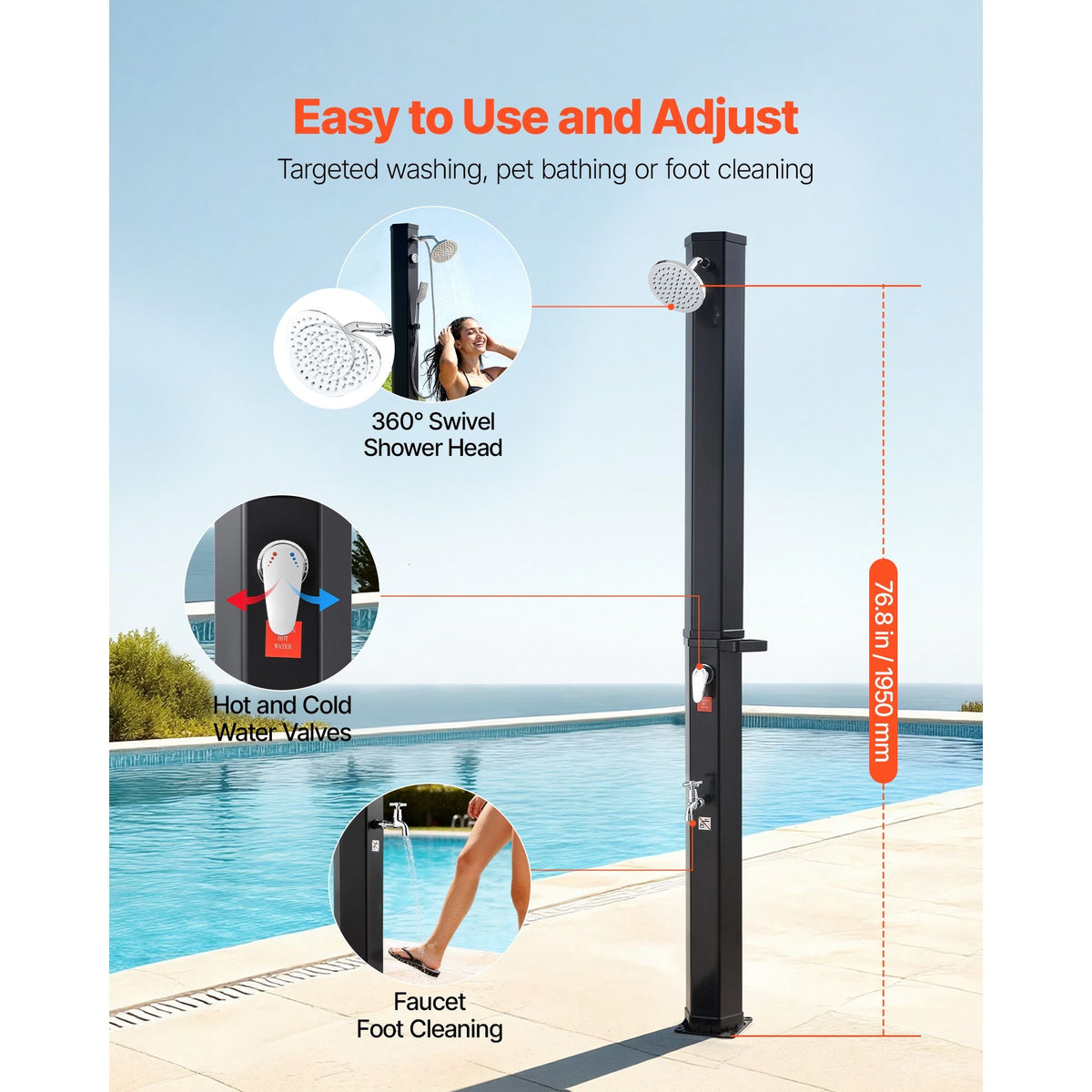 9.2 Gal Solar Heated Shower, 6.4ft Showerhead Height Outdoor Shower, with Foot Faucet & Soap Box Rack, Hot & Cold Water Adjustment, Freestanding for Backyard Poolside Beach Pool,Black