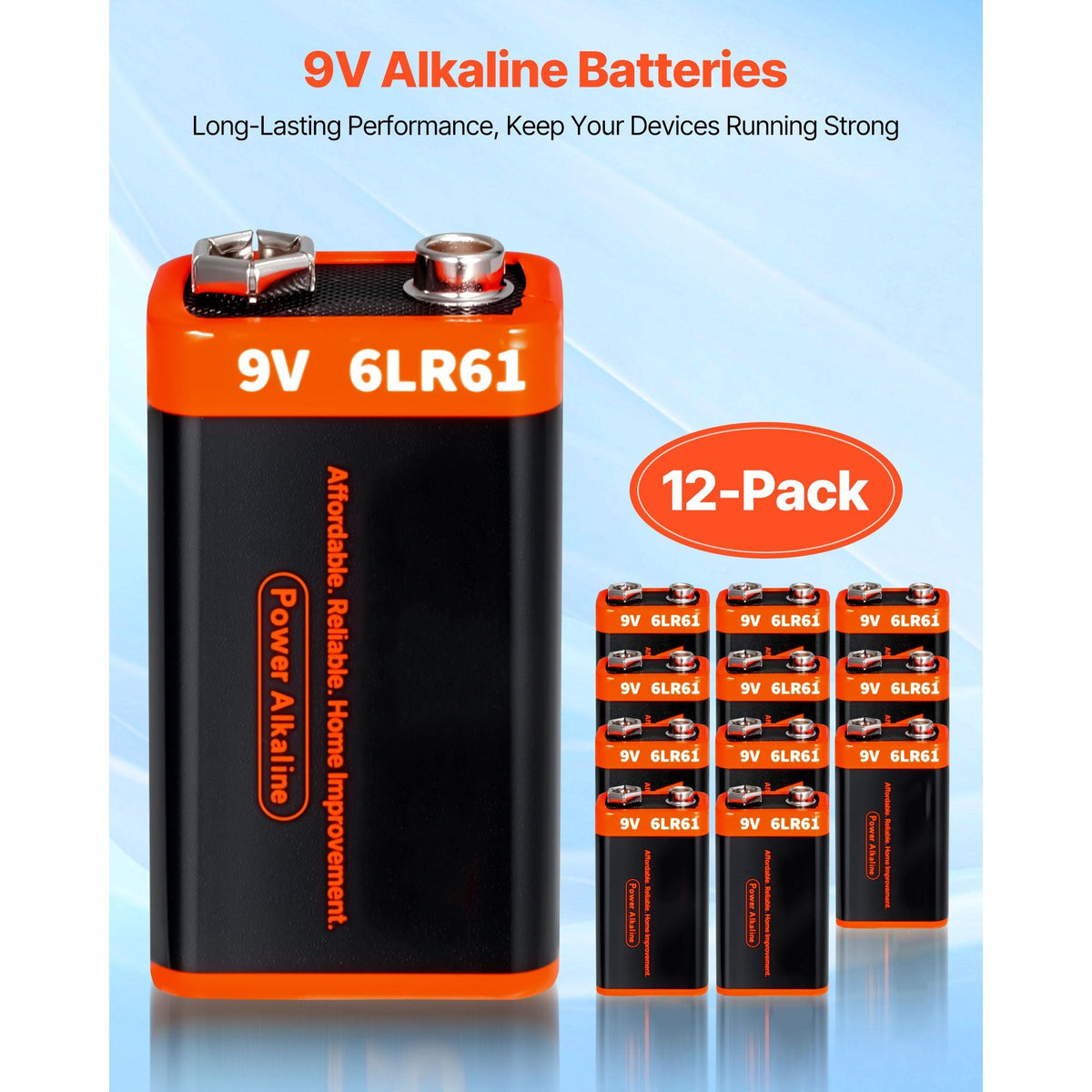 9V Alkaline Batteries, 12-Pack, 9 Volt Square Battery for Smoke Detector, 10-Year Shelf Life, Long Lasting, All-Purpose, for Fire Alarm, Household Office Business Devices, Electronics & Audio