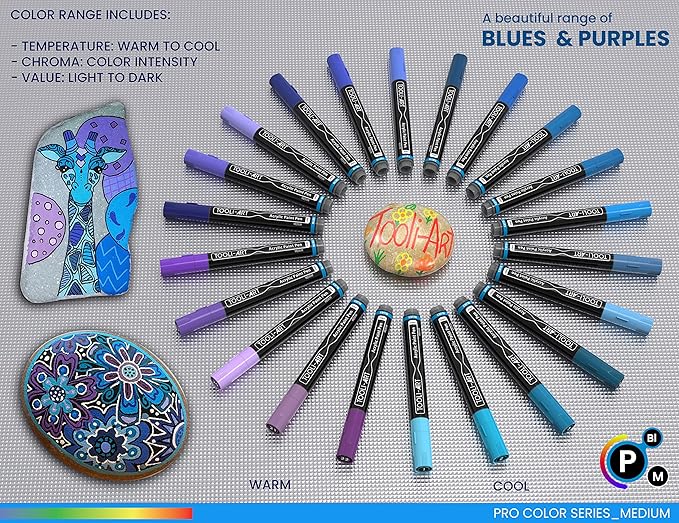 TOOLI-ART 22 Acrylic Paint Markers Paint Pens Pro Color Series Set 3mm Medium Tip for Rock Painting, Glass, Mugs, Wood, Metal, Glass Paint, Canvas, DIY. Non Toxic, Waterbased, Quick Drying (BLUES)