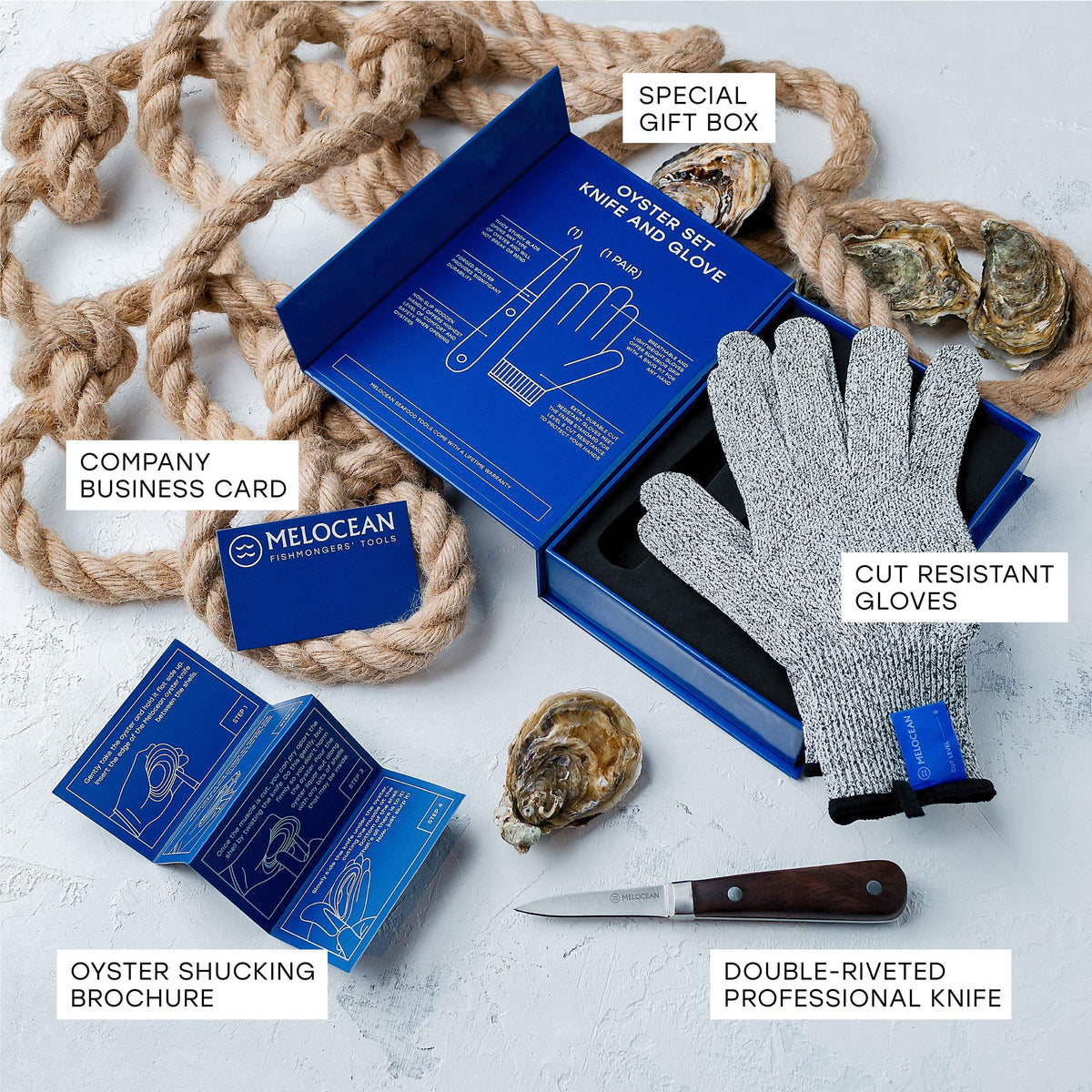 Melocean Oyster Shucking Knife and Gloves Set - Premium Oyster Knife and Shucking Gloves Kit - Professional Clam Shucker Opener Tool in Lovely Box - Bonus Ebook and Brochure Included