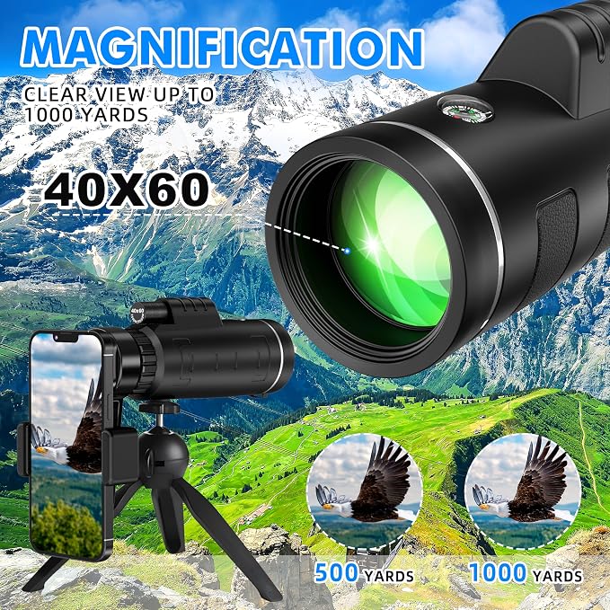 40x60 Monocular Telescope with Smartphone Adapter and Telescope Case High Powered Monocular, Compact Monocular for Wildlife, Hunting, Camping, Travel &Outdoor Adventures