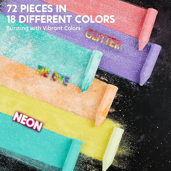 JOYIN 72 PCS Washable Sidewalk Chalks Set in 12 Packs, 18 Colors, Including 12 Tie Dye, 12 Glitter & 12 Neon Colors, School Supplies, Classroom Must Haves, Gift for Kids