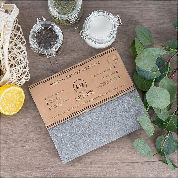 SUPERSCANDI 6 Pack Swedish Dishcloths for Kitchen - 100% Biodegradable & Compostable Reusable Paper Towels Washable, Food-Safe & Without Plastic - Dish Rags Suitable for Any Surface, White