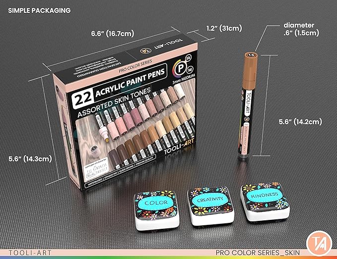 TOOLI-ART 22 Acrylic Paint Markers Paint Pens Pro Color Series Set 3mm Medium Tip for Rock Painting, Glass, Mugs, Wood, Metal, Glass Paint, Canvas, DIY. Non Toxic, Waterbased, Quick Drying (SKIN)