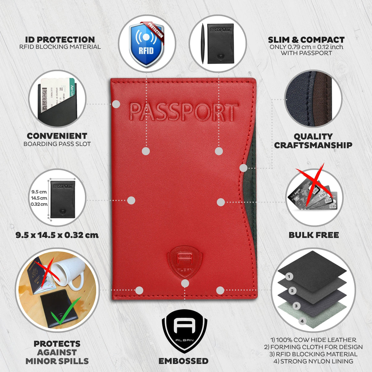 Alban RFID Passport Holder Women Men RFID Blocking Travel Passport Wallet Case Genuine Leather Passport Cover porta pasaporte
