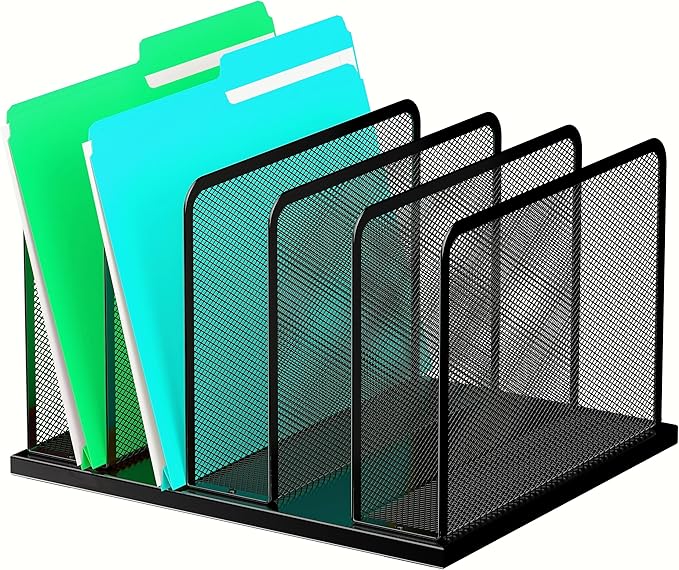 Kuntine.B Desk File Organizer 5 Sections Upright Mesh Desktop Organizer File Sorter Office Organization File Holder for Home, Office & Classroom