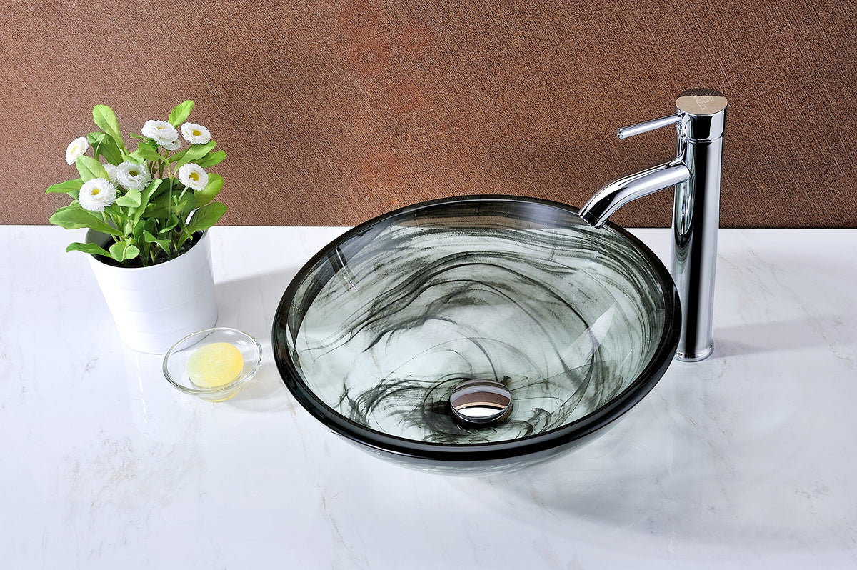 ANZZI Mezzo ModernTempered Glass Vessel Bowl Sink in Slumber Wisp | Grey Top Mount Bathroom sinks above counter | Round Vanity Countertop Sink Bowl with Pop Up Drain | LS-AZ054