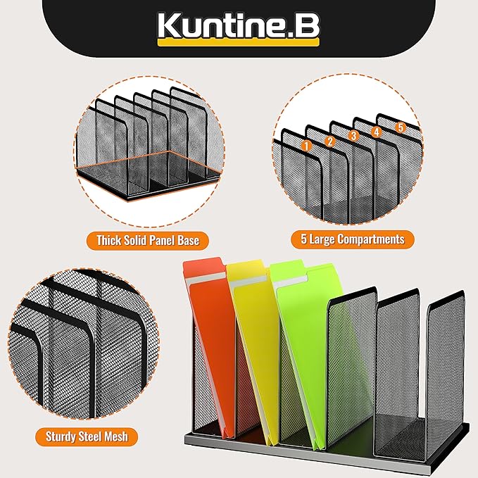 Kuntine.B Desk File Organizer 5 Sections Upright Mesh Desktop Organizer File Sorter Office Organization File Holder for Home, Office & Classroom