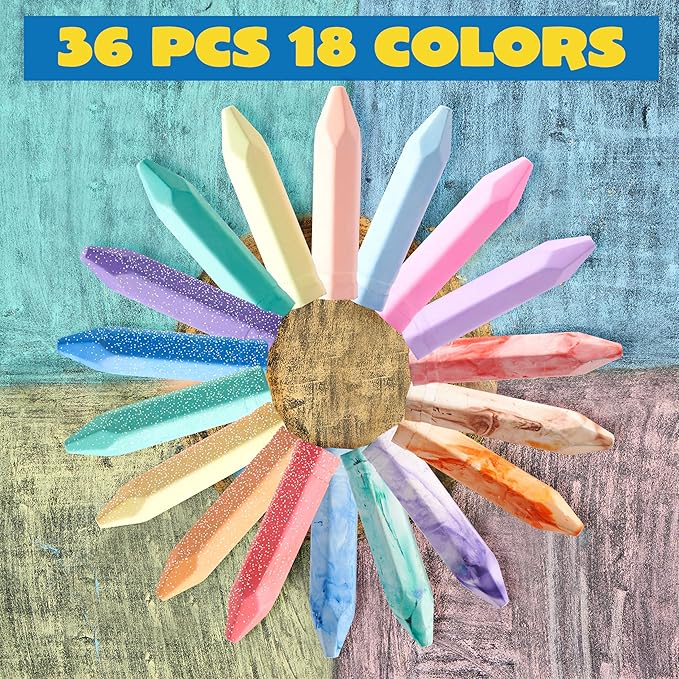 JOYIN 36 PCS Washable Sidewalk Chalks Set in 6 Packs, 18 Colors, Including 12 Tie Dye, 12 Glitter & 12 Neon Color Outdoor Chalks for Painting, Drawing, Gifts for Kids