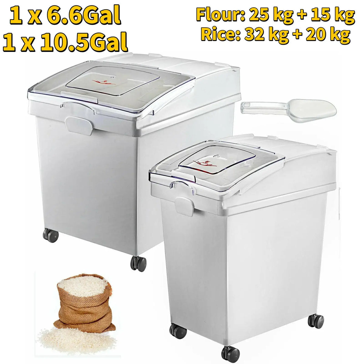 6.6Gal-21Gal Kitchen Container Ingredient Storage Bin W/ Wheel & Scoop for Commercial Home Storing Rice Flour Corn Soybean