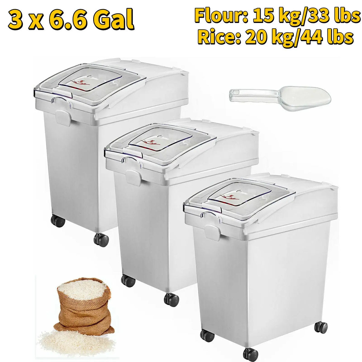 6.6Gal-21Gal Kitchen Container Ingredient Storage Bin W/ Wheel & Scoop for Commercial Home Storing Rice Flour Corn Soybean