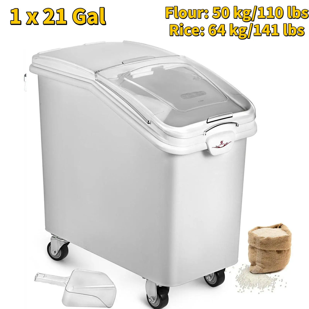 6.6Gal-21Gal Kitchen Container Ingredient Storage Bin W/ Wheel & Scoop for Commercial Home Storing Rice Flour Corn Soybean