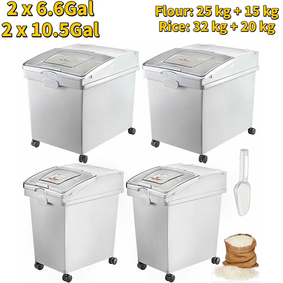 6.6Gal-21Gal Kitchen Container Ingredient Storage Bin W/ Wheel & Scoop for Commercial Home Storing Rice Flour Corn Soybean