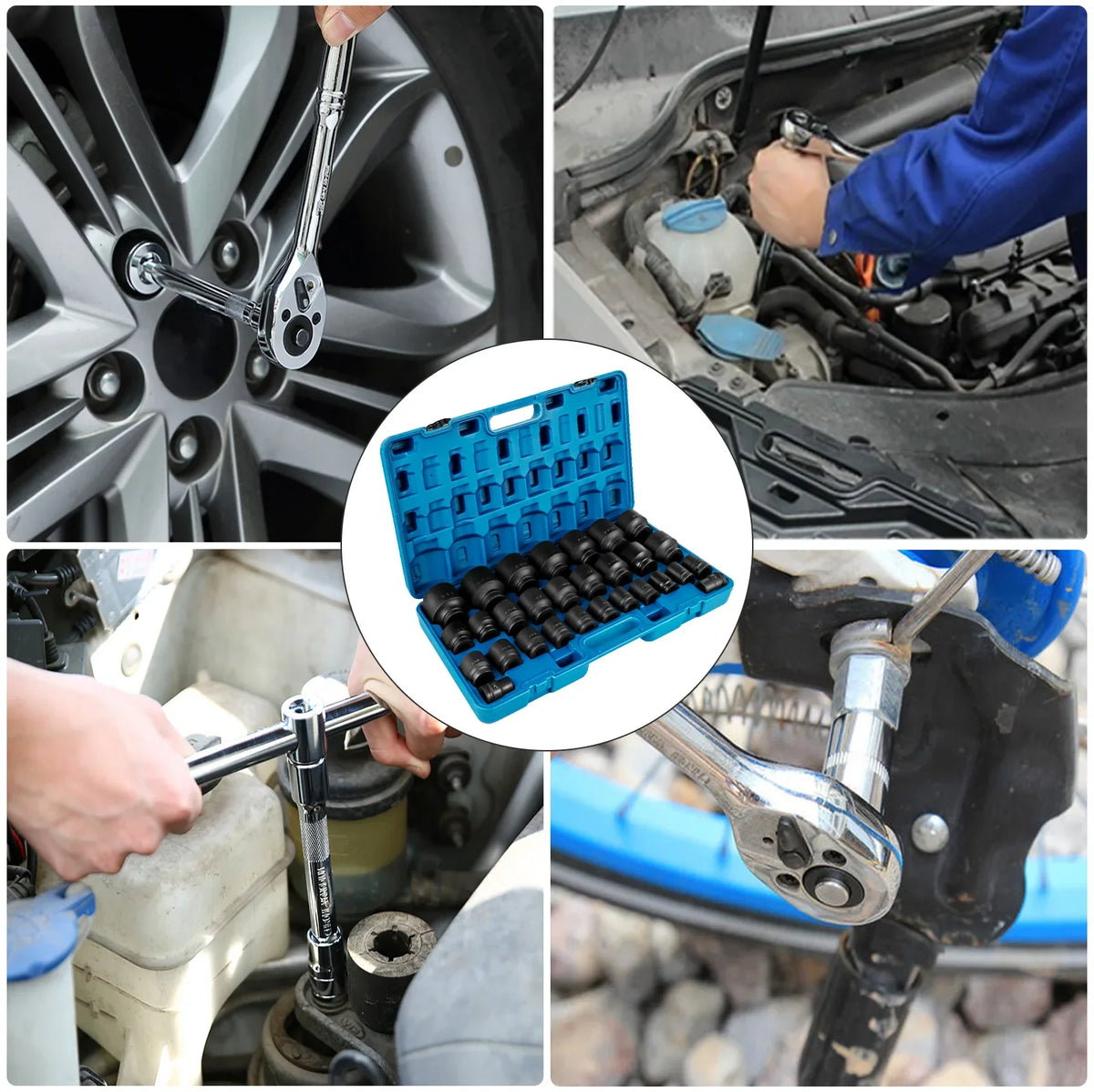 Impact Sockets Set 3/4 Inch Shallow Drive 29 PCS 3/4 - 3/2 Inch 6-Point Set With Carrying Case for Remove Wheel Lug Nuts
