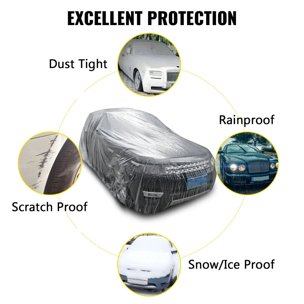 Plastic Universal Full Car Cover 10 Individual Packages Disposable 3.8 X 6.6 m Size Rain Dust Shelter for Most Sedan Car