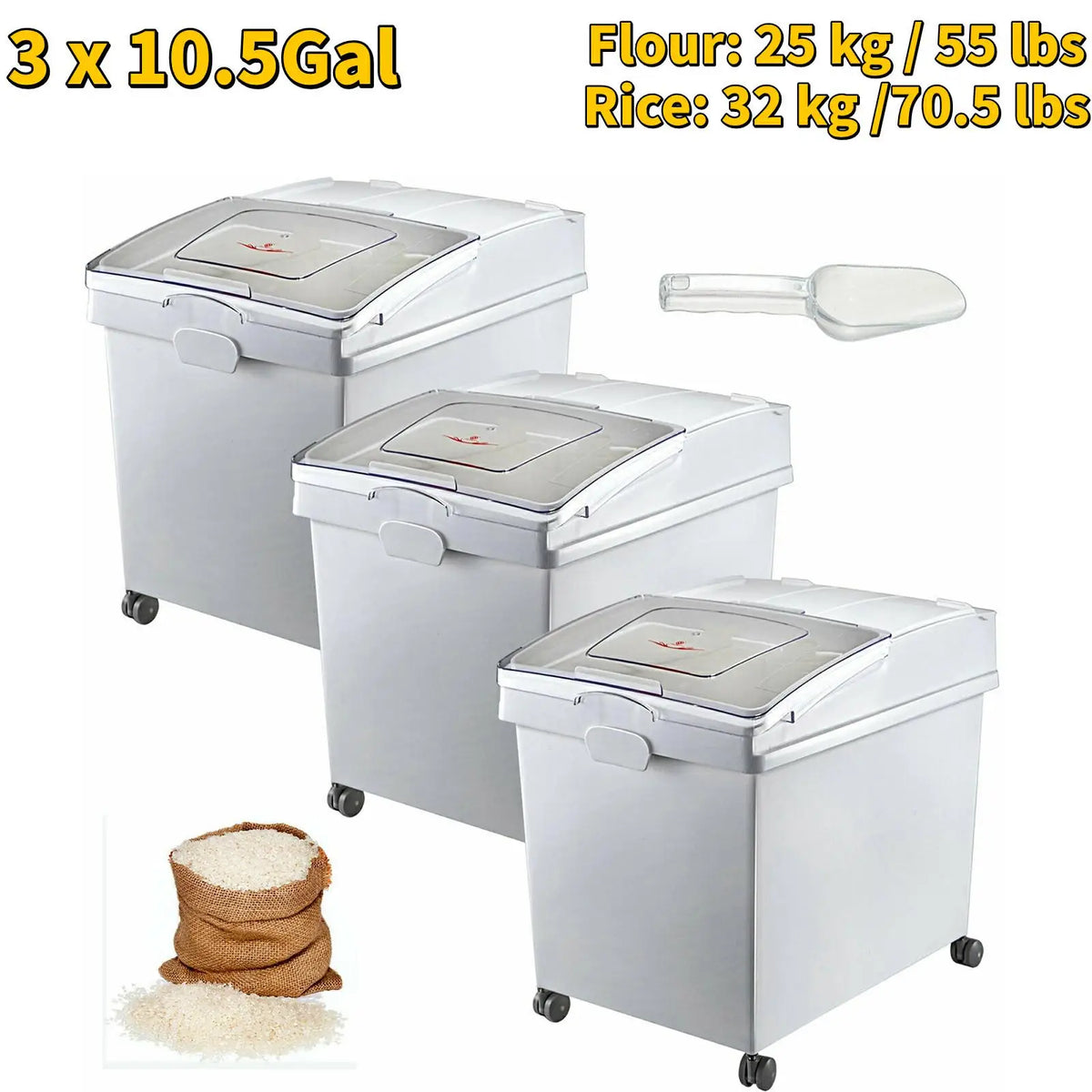 6.6Gal-21Gal Kitchen Container Ingredient Storage Bin W/ Wheel & Scoop for Commercial Home Storing Rice Flour Corn Soybean