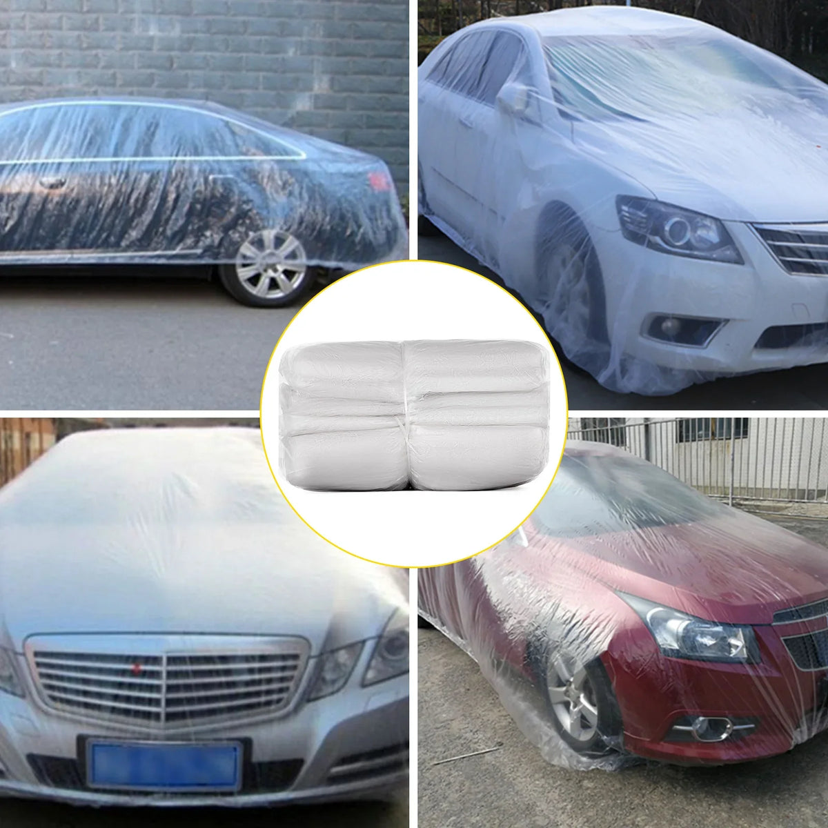 Plastic Universal Full Car Cover 10 Individual Packages Disposable 3.8 X 6.6 m Size Rain Dust Shelter for Most Sedan Car
