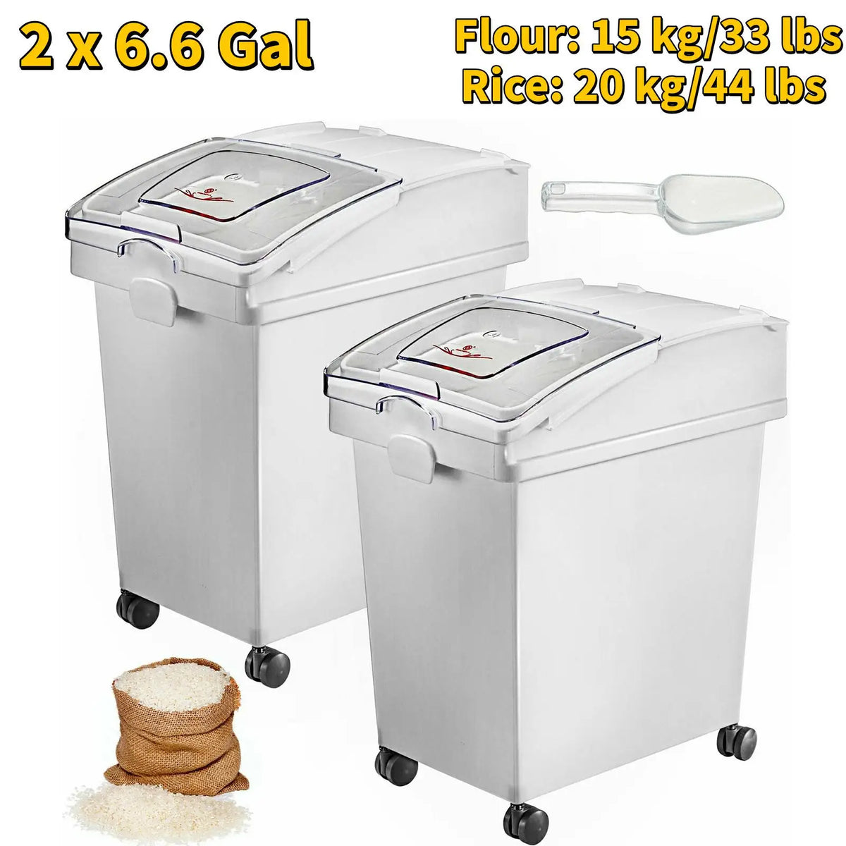6.6Gal-21Gal Kitchen Container Ingredient Storage Bin W/ Wheel & Scoop for Commercial Home Storing Rice Flour Corn Soybean