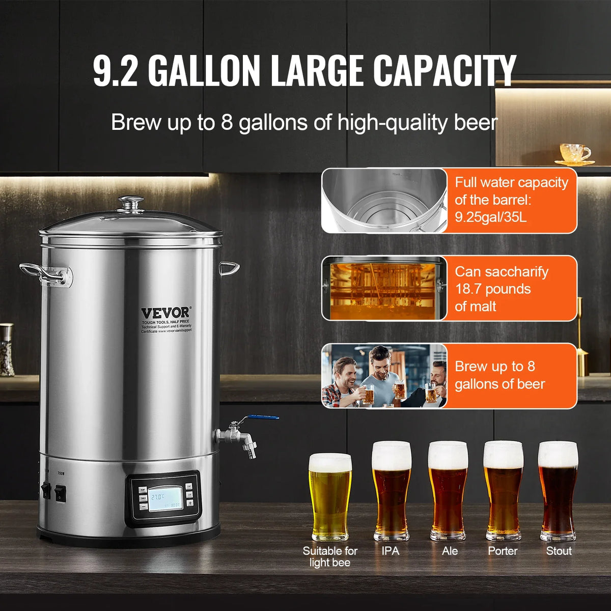 Electric Brewing System, 8GAL Brewing Stock Pot, All-in-One Home Beer Brewer, 304 Stainless Steel Brewing Supplies w/Panel