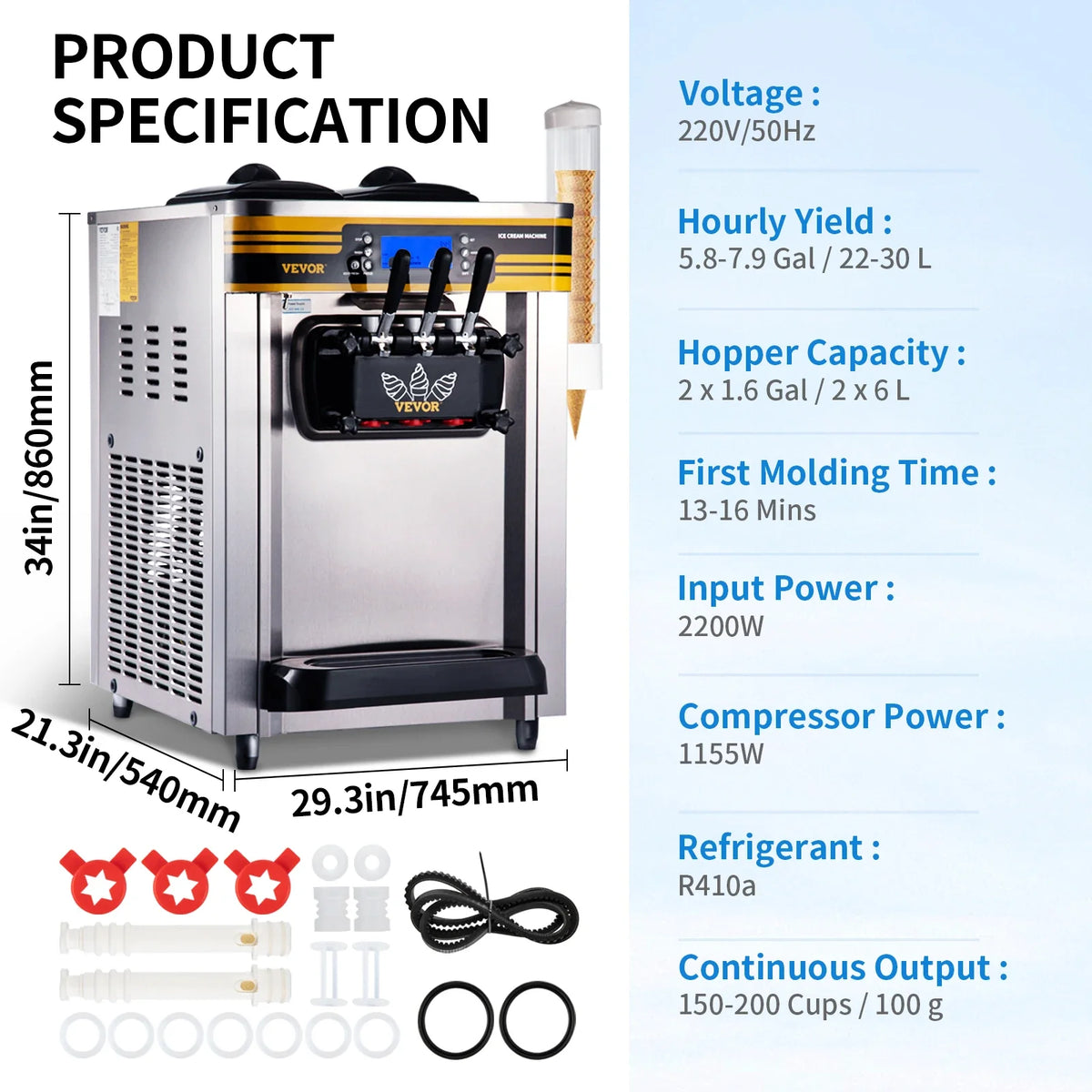 Commercial Ice Cream Maker, 22-30L/H Yield, 2200W Countertop Soft Serve Machine w/ 2x6L Hopper 2L Cylinder LCD Panel