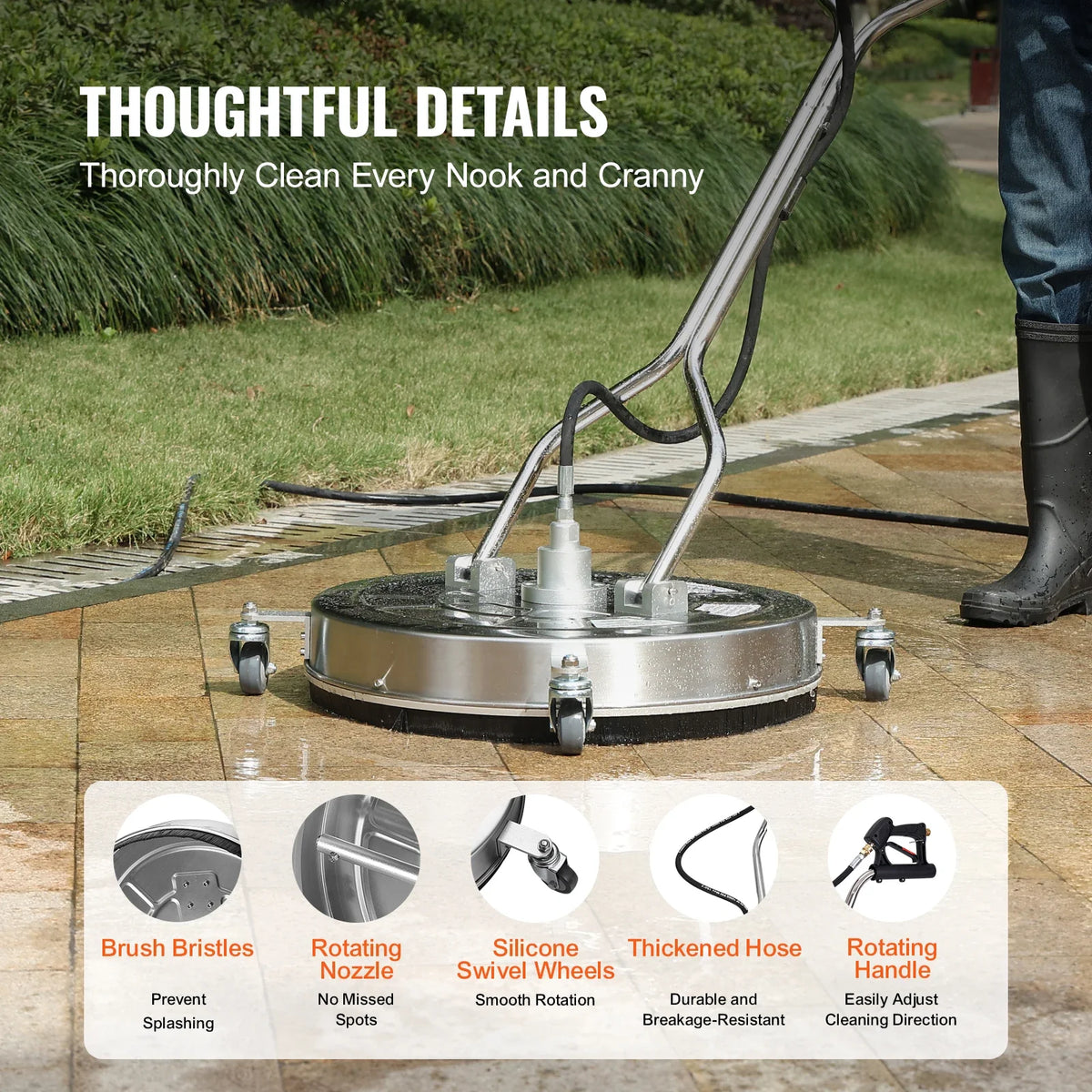 15/18/20/24" Pressure Washer Surface Cleaner w/ Handles & Wheels Stainless Steel Concrete Cleaner 4000 Max PSI for Garden