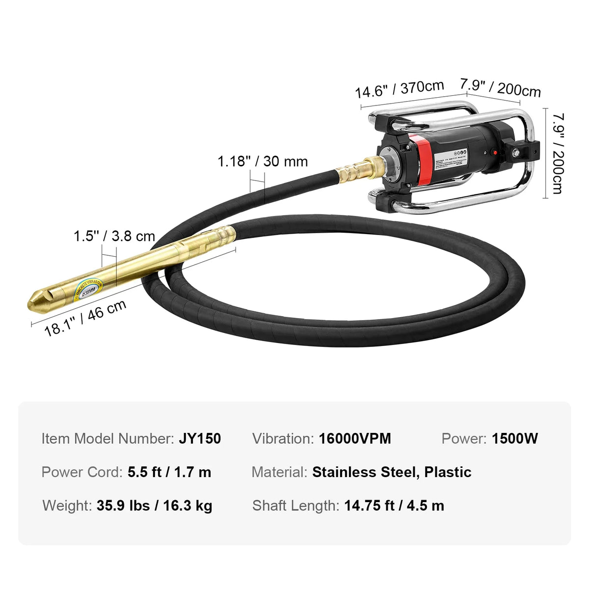Electric Concrete Vibrator 1300W 16000 VPM 2HP Copper Motor Handheld Portable Pencil Remove Air Bubble and Level