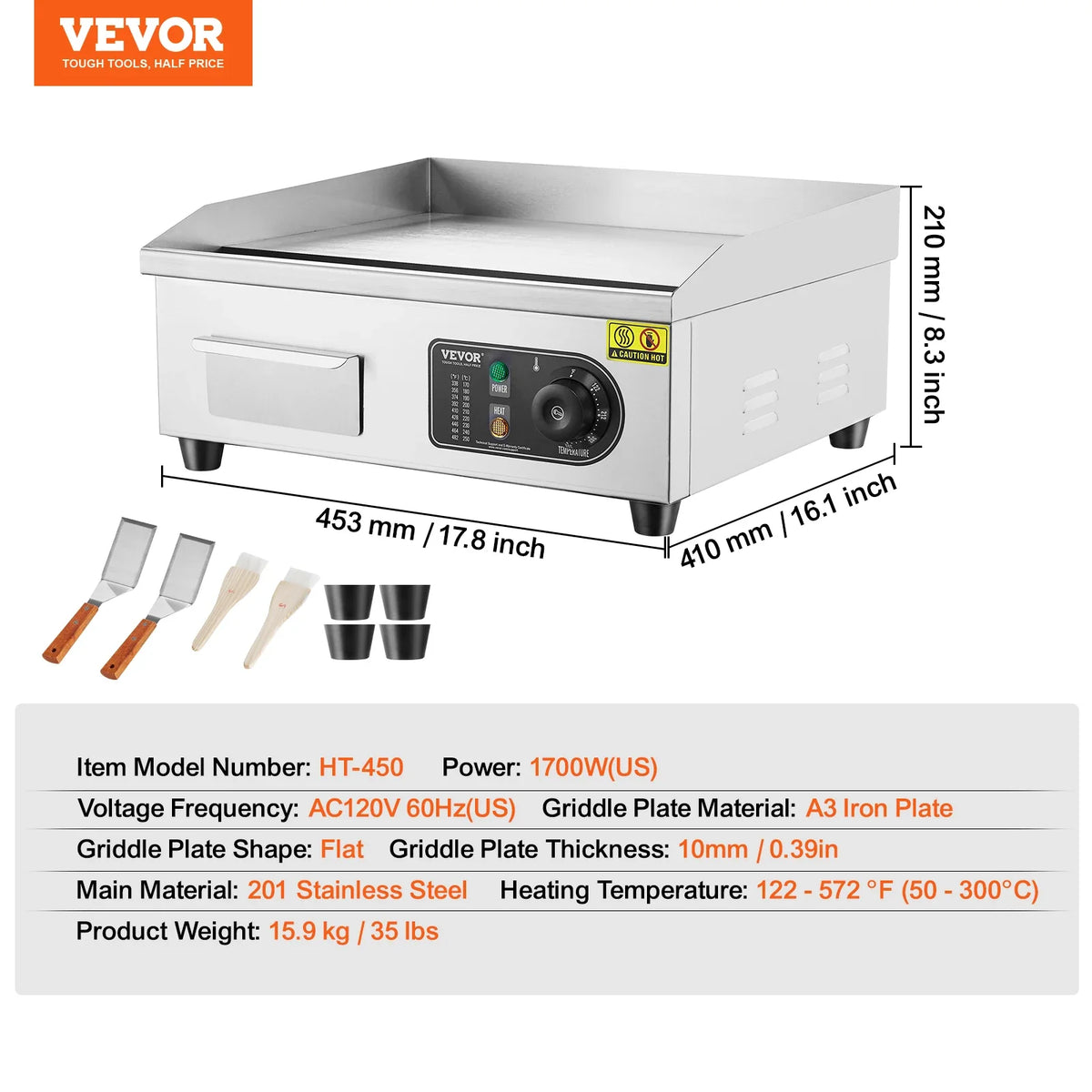 Commercial Electric Griddle 1700W Countertop Flat Top Grill 122℉-572 ℉ Adjustable Temprature Stainless Steel Griddle Grill