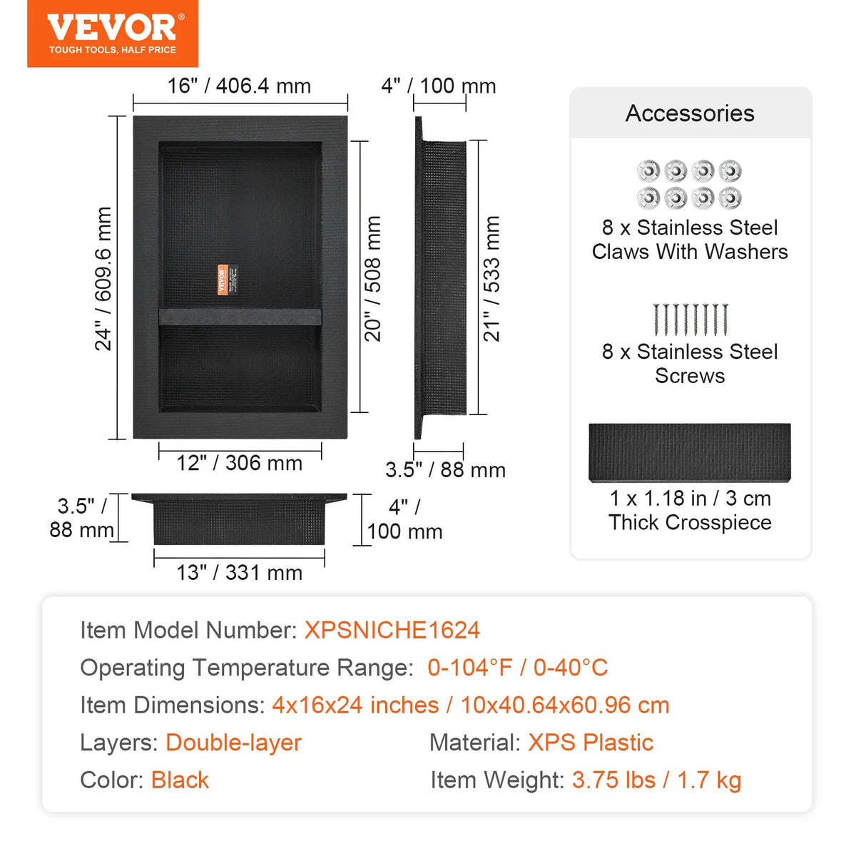 Shower Niche Ready for Tile 16 x 24 Double Shelf Organizer, Square Corners Wall-inserted Niche Recessed for Shower