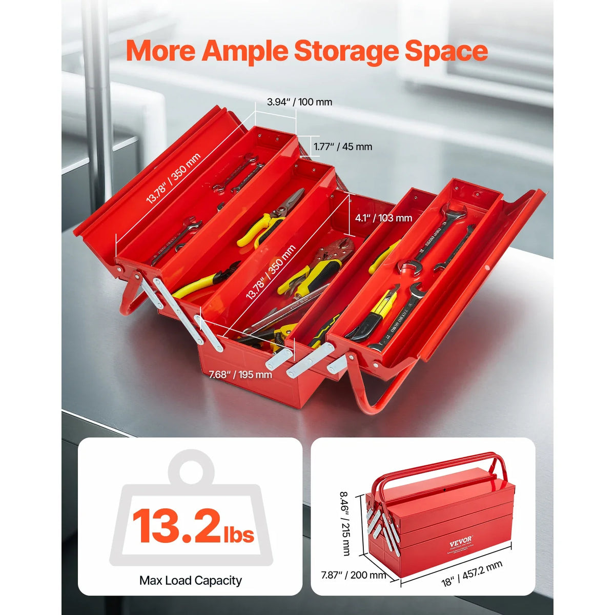18in Metal Tool Box 3-Tier 5-Tray Portable Folding Tool Chest Organizer with Handle Toolbox for Warehouse Repair Shop
