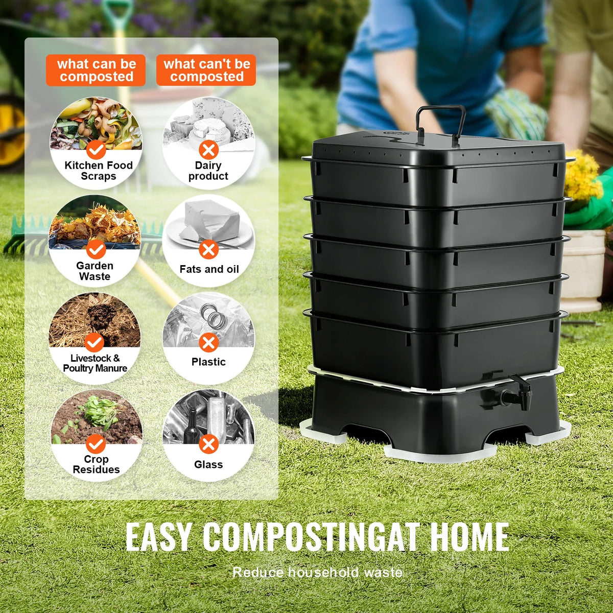 5-Tray Worm Composter Compost Bin Outdoor And Indoor Sustainable Design Worm Farm Kit For Recycling Food Waste