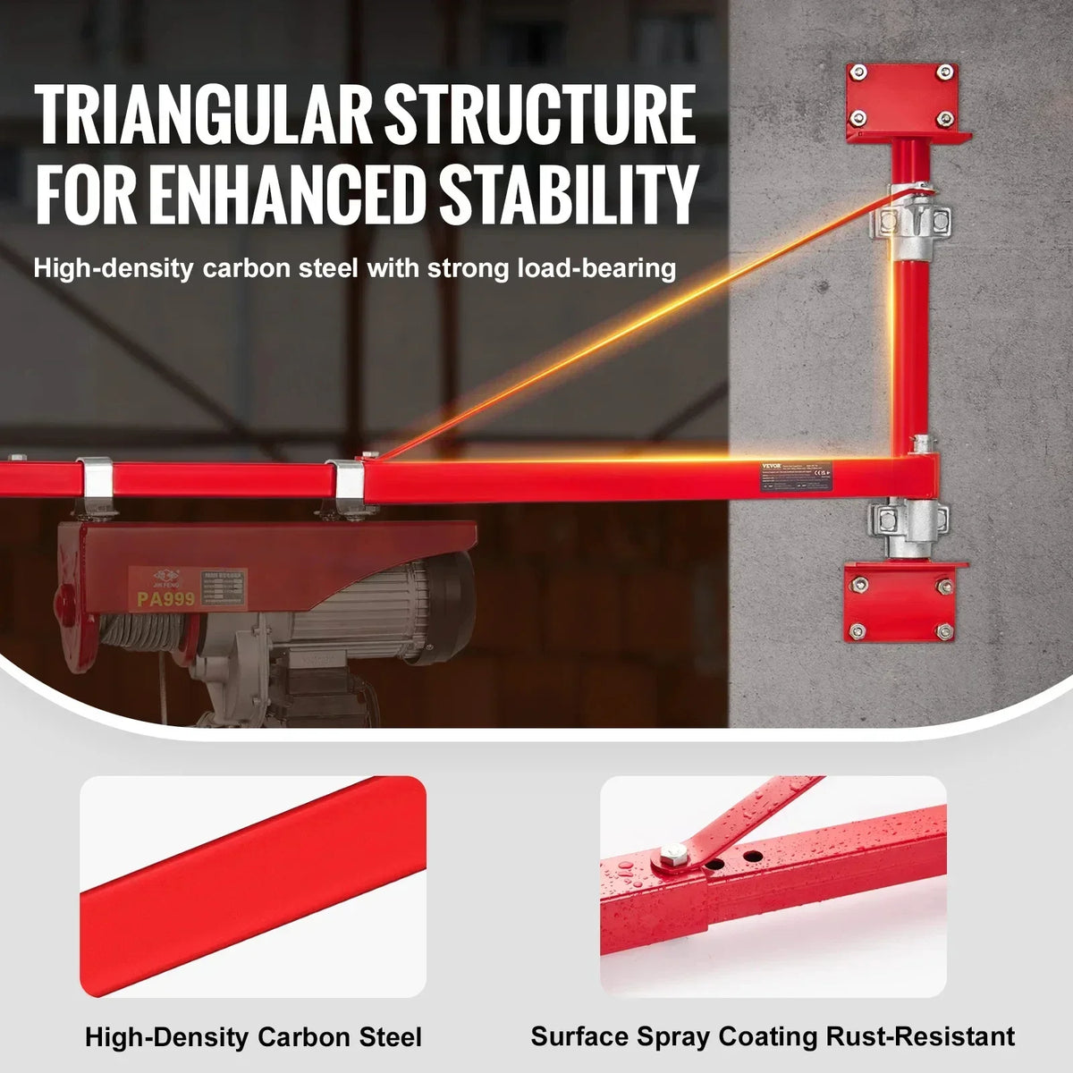 Electric Hoist Support Arm Swing Holder with Pole Steel Hoist Frame 180° Scaffold Winch Lifting Arm for Workshop Garage