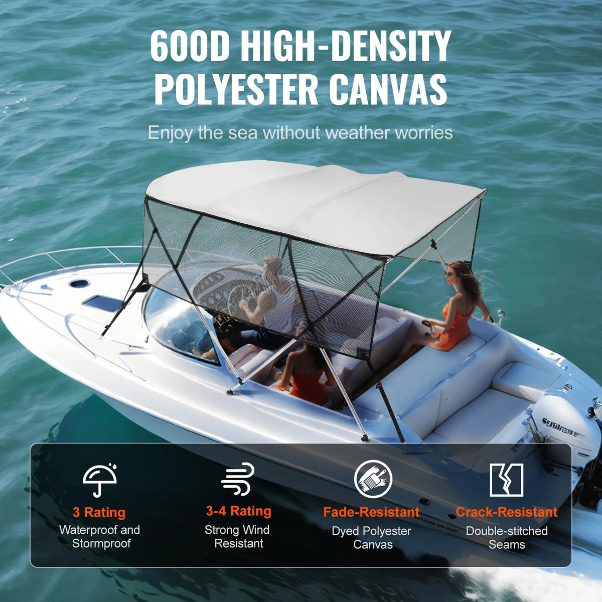 4 Bow Bimini Top Boat Cover Detachable Mesh Sidewalls 600D Polyester Canopy with Aluminum Alloy Frame Include Storage Boot
