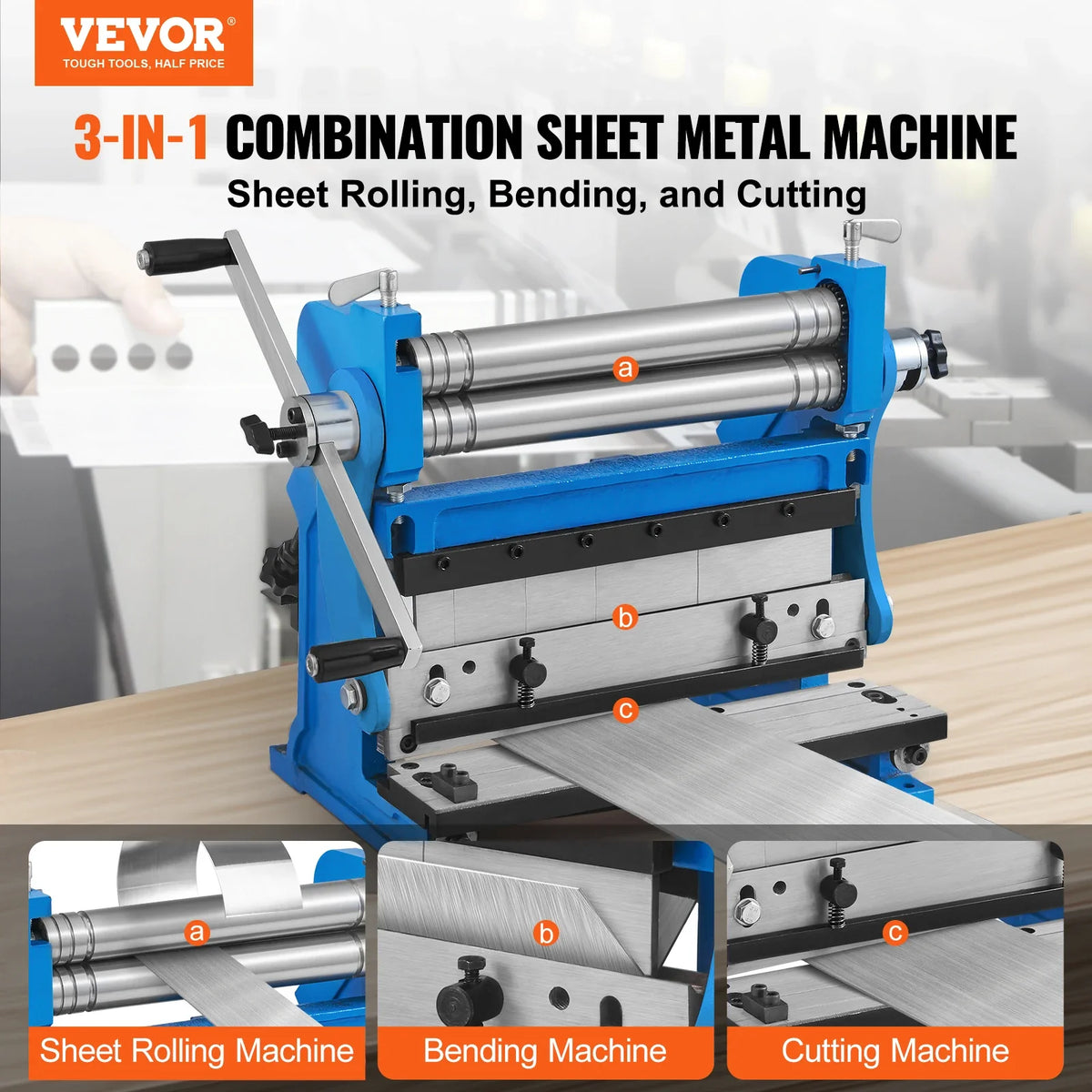 Sheet Metal Brake 12-inch 3-In-1 Combination 20-Gauge Capacity Shear Press Brake, 90° Max Angle for Shear Bending Rolling