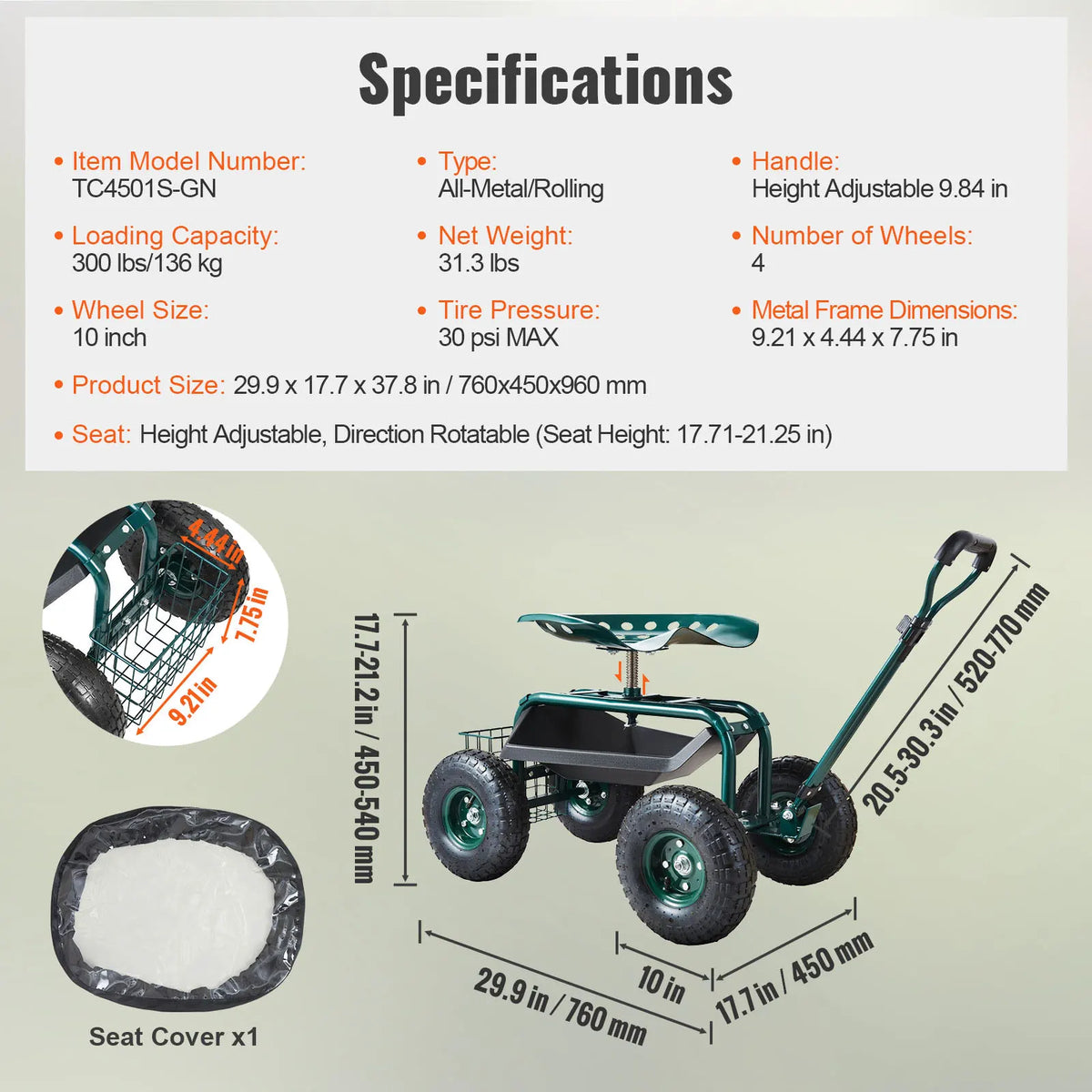 Garden Cart Rolling Workseat with Wheels Gardening Stool for Planting 360 Degree Swivel Seat Wagon Scooter with Steering