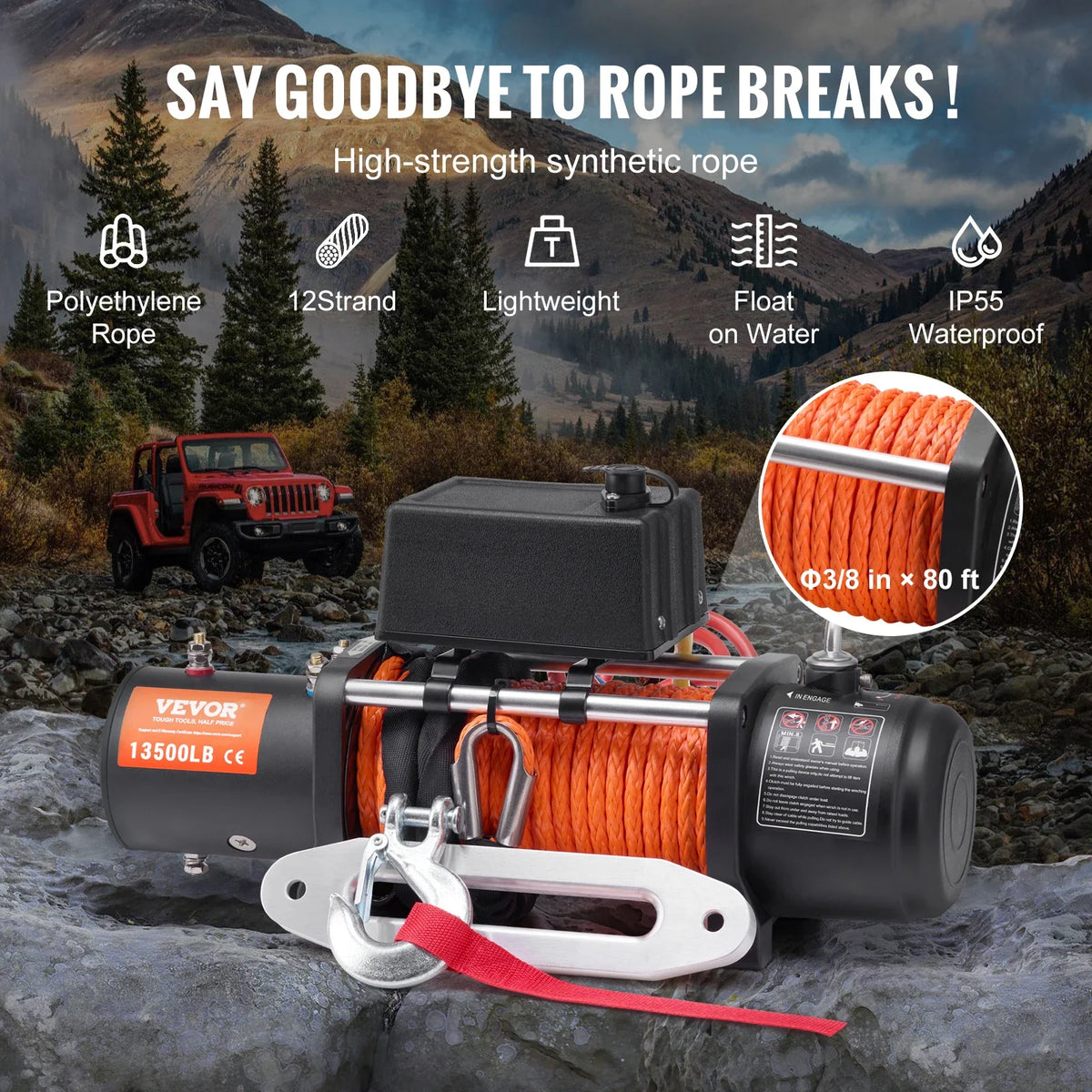 Electric Winch 13500lbs with 3/8in 80ft Synthetic Rope Wireless Truck Winch IP55 Waterproof for Towing Off-Road SUV Jeep