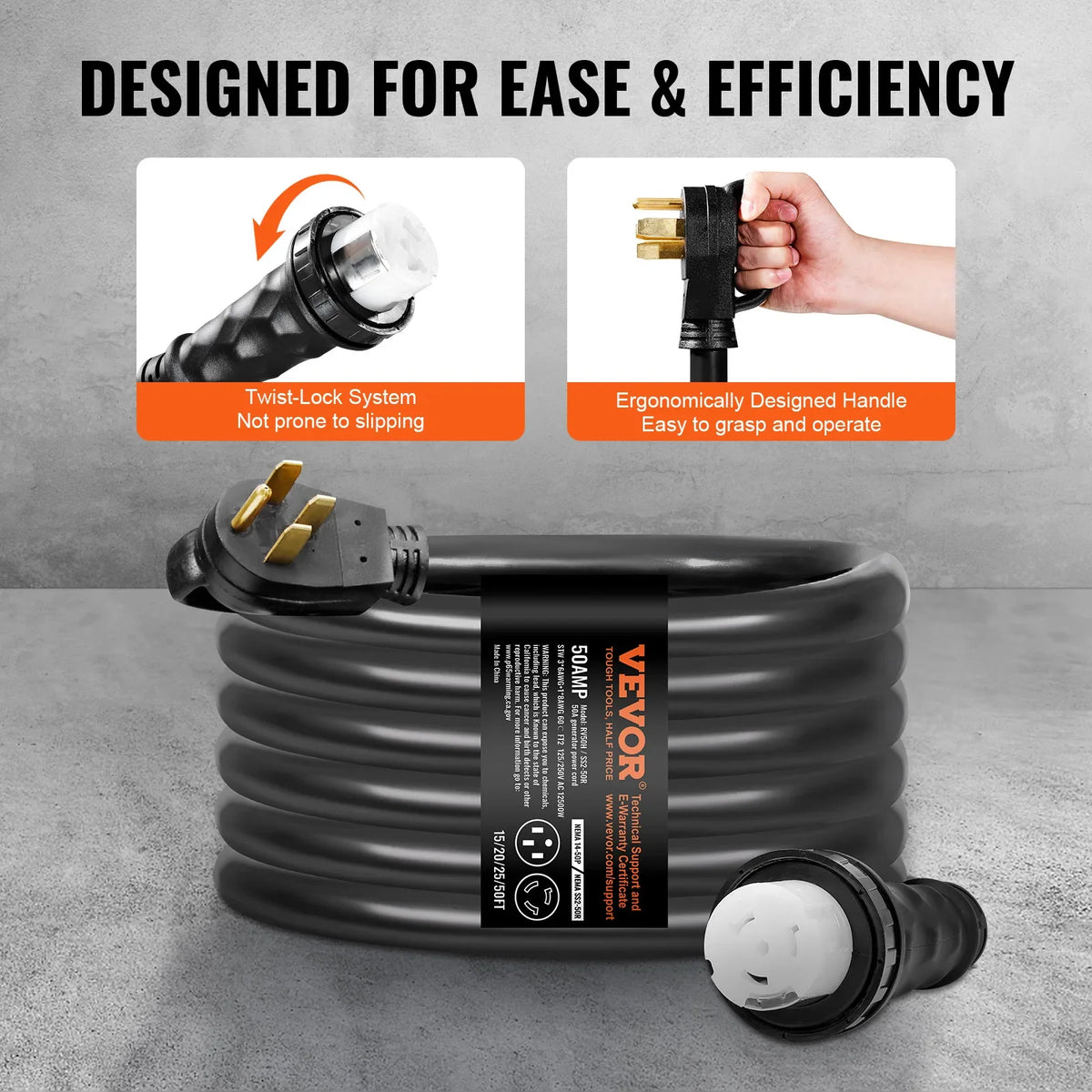 50Amp Generator Cord & Power Inlet Box Kit NEMA 14-50P/SS2-50R STW 6/3+8/1 AWG Power Cord with Twist Lock Connector for RV
