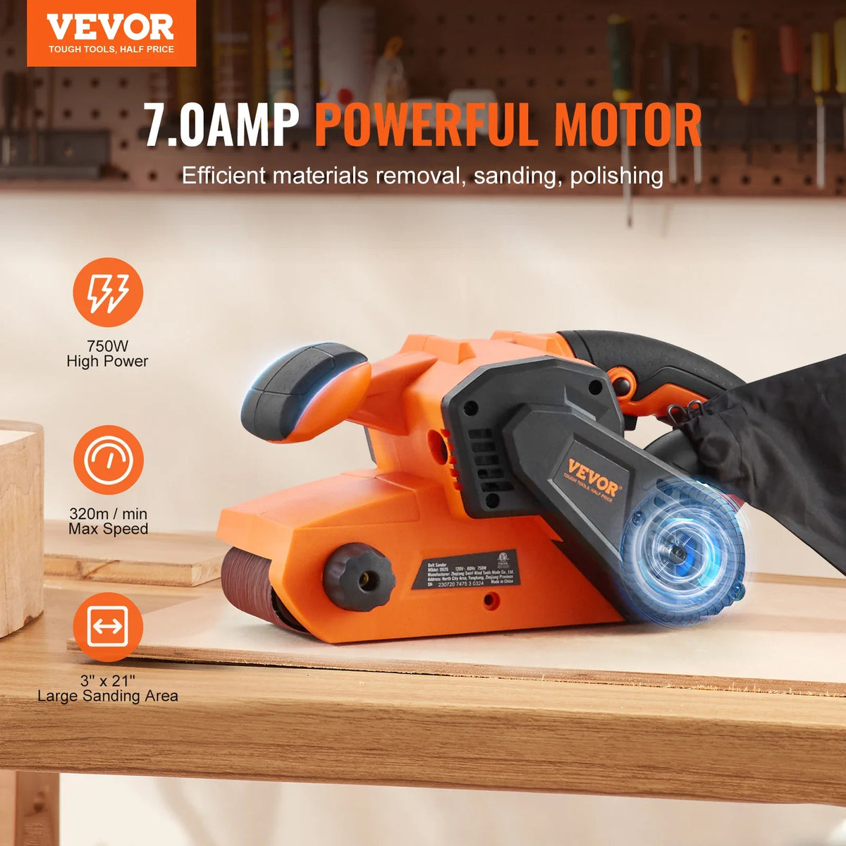 7AMP Belt Sander Woodworking Workshop Bench Sander Machine with 6 Speeds 152-320 m/min Powerful Sanding Machine Polisher