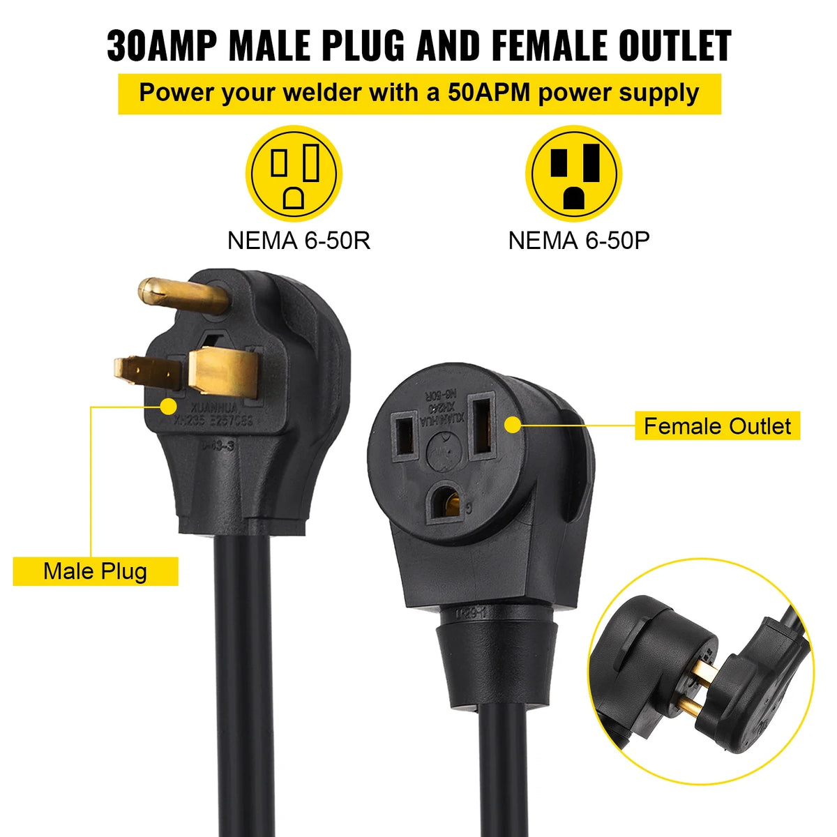 Heavy Duty Welder Extension Cord 10AWG 25ft 10/3 30A 250V NEMA 6-50P/6-50R Suit for Welding Machine Cable MIG TIG Plasma