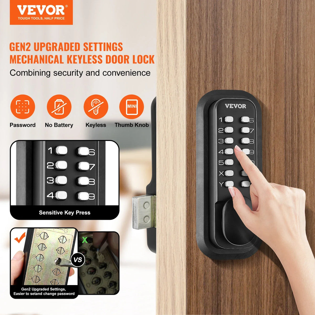 Mechanical Keyless Entry Door Lock 14 Digit Keypad Surface-mounted Latch